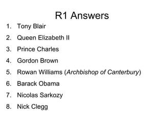 R1 Answers
1. Tony Blair
2. Queen Elizabeth II
3. Prince Charles
4. Gordon Brown
5. Rowan Williams (Archbishop of Canterbury)
6. Barack Obama
7. Nicolas Sarkozy
8. Nick Clegg
 