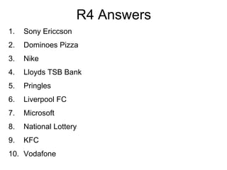 R4 Answers
1.   Sony Ericcson
2.   Dominoes Pizza
3.   Nike
4.   Lloyds TSB Bank
5.   Pringles
6.   Liverpool FC
7.   Microsoft
8.   National Lottery
9.   KFC
10. Vodafone
 