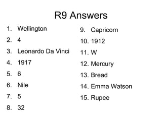 R9 Answers
1. Wellington          9. Capricorn
2. 4                   10. 1912
3. Leonardo Da Vinci   11. W
4. 1917                12. Mercury
5. 6                   13. Bread
6. Nile                14. Emma Watson
7. 5                   15. Rupee
8. 32
 