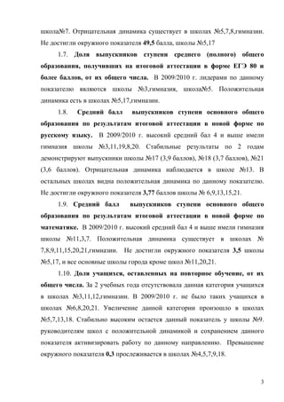 школа№7. Отрицательная динамика существует в школах №5,7,8,гимназии.
Не достигли окружного показателя 49,5 балла, школы №5,17
     1.7. Доля выпускников ступени среднего (полного) общего
образования, получивших на итоговой аттестации в форме ЕГЭ 80 и
более баллов, от их общего числа. В 2009/2010 г. лидерами по данному
показателю являются школы №3,гимназия, школа№5. Положительная
динамика есть в школах №5,17,гимназии.
     1.8.   Средний балл      выпускников ступени основного общего
образования по результатам итоговой аттестации в новой форме по
русскому языку. В 2009/2010 г. высокий средний бал 4 и выше имели
гимназия школы №3,11,19,8,20. Стабильные результаты по 2 годам
демонстрируют выпускники школы №17 (3,9 баллов), №18 (3,7 баллов), №21
(3,6 баллов). Отрицательная динамика наблюдается в школе №13. В
остальных школах видна положительная динамика по данному показателю.
Не достигли окружного показателя 3,77 баллов школы № 6,9,13,15,21.
     1.9. Средний балл       выпускников ступени основного общего
образования по результатам итоговой аттестации в новой форме по
математике. В 2009/2010 г. высокий средний бал 4 и выше имели гимназия
школы №11,3,7. Положительная динамика существует в школах №
7,8,9,11,15,20,21,гимназии. Не достигли окружного показателя 3,5 школы
№5,17, и все основные школы города кроме школ №11,20,21.
     1.10. Доля учащихся, оставленных на повторное обучение, от их
общего числа. За 2 учебных года отсутствовала данная категория учащихся
в школах №3,11,12,гимназии. В 2009/2010 г. не было таких учащихся в
школах №6,8,20,21. Увеличение данной категории произошло в школах
№5,7,13,18. Стабильно высоким остается данный показатель у школы №9.
руководителям школ с положительной динамикой и сохранением данного
показателя активизировать работу по данному направлению. Превышение
окружного показателя 0,3 прослеживается в школах №4,5,7,9,18.



                                                                      3
 