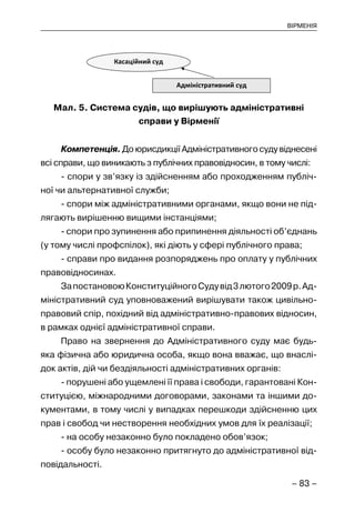 – 83 –
ВІРМЕНІЯ
Мал. 5. Система судів, що вирішують адміністративні
справи у Вірменії
Компетенція. До юрисдикції Адміністративного суду віднесені
всі справи, що виникають з публічних правовідносин, в тому числі:
- спори у зв’язку із здійсненням або проходженням публіч-
ної чи альтернативної служби;
- спори між адміністративними органами, якщо вони не під-
лягають вирішенню вищими інстанціями;
- спори про зупинення або припинення діяльності об’єднань
(у тому числі профспілок), які діють у сфері публічного права;
- справи про видання розпоряджень про оплату у публічних
правовідносинах.
ЗапостановоюКонституційногоСудувід3лютого2009р.Ад-
міністративний суд уповноважений вирішувати також цивільно-
правовий спір, похідний від адміністративно-правових відносин,
в рамках однієї адміністративної справи.
Право на звернення до Адміністративного суду має будь-
яка фізична або юридична особа, якщо вона вважає, що внаслі-
док актів, дій чи бездіяльності адміністративних органів:
- порушені або ущемлені її права і свободи, гарантовані Кон-
ституцією, міжнародними договорами, законами та іншими до-
кументами, в тому числі у випадках перешкоди здійсненню цих
прав і свобод чи нестворення необхідних умов для їх реалізації;
- на особу незаконно було покладено обов’язок;
- особу було незаконно притягнуто до адміністративної від-
повідальності.
 