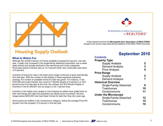 A free research tool from the Minneapolis Area Association of REALTORS®
                                                                                  brought to you by the unique data-sharing traditions of the REALTOR® community




                                                                                                                           September 2010
 What to Watch For                                                                            Contents
 Although the overall inventory of homes available increased 8.5 percent over last            Property Type
 year, it really only increased in the single-family detatched submarket due to weak                Supply Analysis                                      2
 sales activity and actually declined in the townhouse and condo categories.
 P i
 Previously-owned i
            l       d inventory was up 10 7 percent while new construction was d
                            t           10.7         t hil         t ti         down
                                                                                                    Demand Analysis                                      3
 10.5 percent.                                                                                      Price Analysis                                       4
                                                                                              Price Range
 Inventory of homes for sale in the lower price ranges continues to grow dramatically
 from last year. With the number of new listings in these segments outpacing
                                                                                                    Supply Analysis                                      5
 closings, the number of available homes for sale has grown. For instance, in the                   Demand Analysis                                      7
 $120,000 and under bracket, the current 5.7 Months Supply of Inventory is a 79.8             Historical Overview
 percent jump from last year at this time. By contrast, the 34.6 Months Supply of
 Inventory in the $1,000,001 and up range is a 24.1 percent drop.
                                                                                                    Single-Family Detached                              9
                                                                                                    Townhomes                                          10
 Inventory in the higher price ranges is now dropping as sellers have pulled back on                Condominiums                                       11
 their new listings and high-end properties are seeing some movement. All price
 ranges above $250,000 now have fewer homes for sale than they did a year ago.
                                                                                              Under the Microscope
                                                                                                    Single-Family Detached                             12
 Home prices are softest in the condominium category, where the average Price Per                   Townhomes                                          14
 Square Foot has dropped 13.0 percent in the last year.
                                                                                                    Condominiums                                       16




© 2009 Minneapolis Area Association of REALTORS®, Inc. | Sponsored by Royal Credit Union         www.rcu.org                                                       1
 