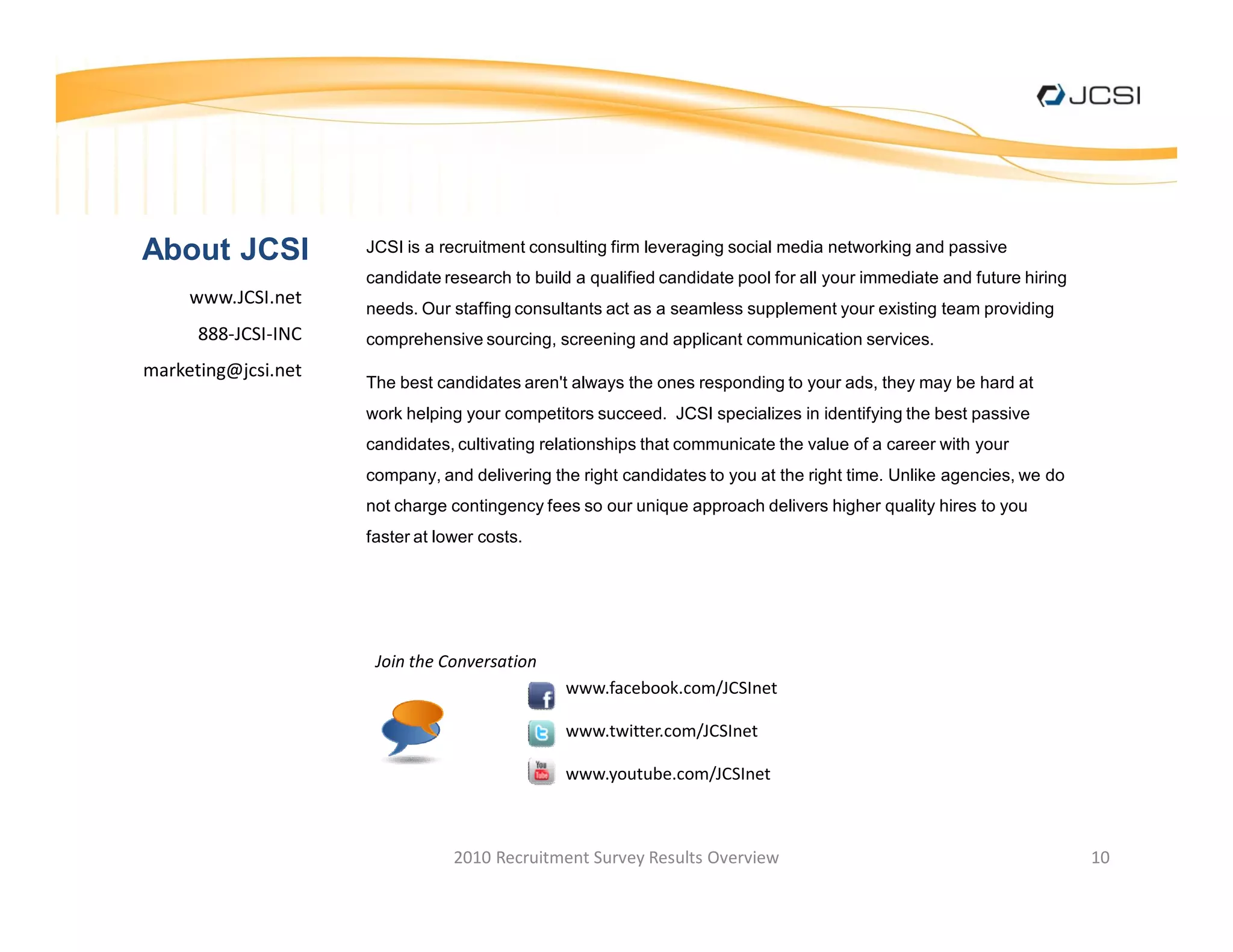 About JCSI           JCSI is a recruitment consulting firm leveraging social media networking and passive
                     candidate research to build a qualified candidate pool for all your immediate and future hiring
     www.JCSI.net
                     needs. Our staffing consultants act as a seamless supplement your existing team providing
      888-JCSI-INC   comprehensive sourcing, screening and applicant communication services.
marketing@jcsi.net
                     The best candidates aren't always the ones responding to your ads, they may be hard at
                     work helping your competitors succeed. JCSI specializes in identifying the best passive
                     candidates, cultivating relationships that communicate the value of a career with your
                     company, and delivering the right candidates to you at the right time. Unlike agencies, we do
                     not charge contingency fees so our unique approach delivers higher quality hires to you
                     faster at lower costs.




                      Join the Conversation
                                                www.facebook.com/JCSInet

                                                www.twitter.com/JCSInet

                                                www.youtube.com/JCSInet



                                 2010 Recruitment Survey Results Overview                                              10
 