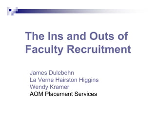 The Ins and Outs of
Faculty Recruitment
James Dulebohn
La Verne Hairston Higgins
Wendy Kramer
AOM Placement Services
 