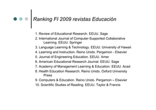 Ranking FI 2009 revistas Educación

1. Review of Educational Research. EEUU. Sage
2. International Journal of Computer-Sup...