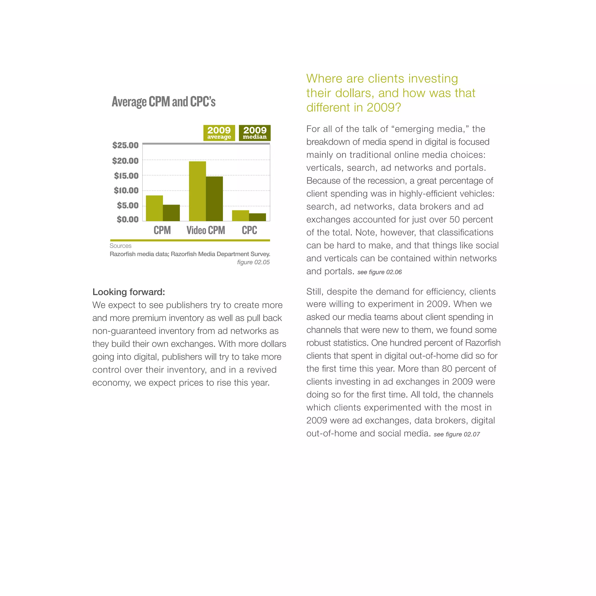 Where are clients investing
                                                               their dollars, and how was that
     Average CPM and CPC’s                                     different in 2009?
                                     2009         2009         For all of the talk of “emerging media,” the
                                     average      median
     $25.00                                                    breakdown of media spend in digital is focused
                                                               mainly on traditional online media choices:
     $20.00
                                                               verticals, search, ad networks and portals.
     $15.00
                                                               Because of the recession, a great percentage of
     $10.00                                                    client spending was in highly-efficient vehicles:
      $5.00                                                    search, ad networks, data brokers and ad
      $0.00                                                    exchanges accounted for just over 50 percent
                   CPM        Video CPM           CPC          of the total. Note, however, that classifications
    Sources                                                    can be hard to make, and that things like social
    Razorfish media data; Razorfish Media Department Survey.
                                                figure 02.05   and verticals can be contained within networks
                                                               and portals. see figure 02.06

Looking forward:                                               Still, despite the demand for efficiency, clients
We expect to see publishers try to create more                 were willing to experiment in 2009. When we
and more premium inventory as well as pull back                asked our media teams about client spending in
non-guaranteed inventory from ad networks as                   channels that were new to them, we found some
they build their own exchanges. With more dollars              robust statistics. One hundred percent of Razorfish
going into digital, publishers will try to take more           clients that spent in digital out-of-home did so for
control over their inventory, and in a revived                 the first time this year. More than 80 percent of
economy, we expect prices to rise this year.                   clients investing in ad exchanges in 2009 were
                                                               doing so for the first time. All told, the channels
                                                               which clients experimented with the most in
                                                               2009 were ad exchanges, data brokers, digital
                                                               out-of-home and social media. see figure 02.07
 
