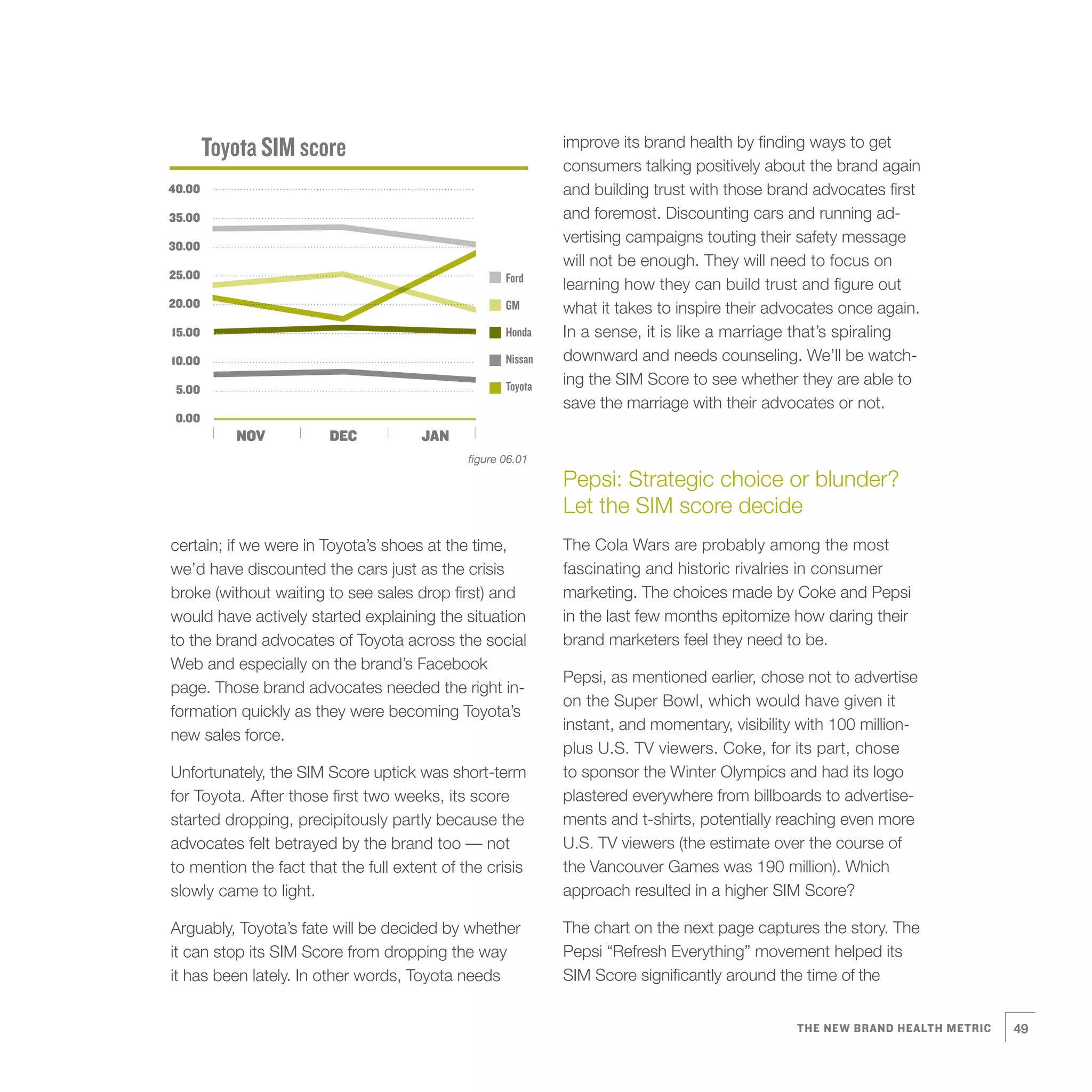 improve its brand health by finding ways to get
        Toyota SIM score
                                                             consumers talking positively about the brand again
40.00                                                        and building trust with those brand advocates first
35.00                                                        and foremost. Discounting cars and running ad-
30.00
                                                             vertising campaigns touting their safety message
                                                             will not be enough. They will need to focus on
25.00                                               Ford
                                                             learning how they can build trust and figure out
20.00                                               GM       what it takes to inspire their advocates once again.
15.00                                               Honda    In a sense, it is like a marriage that’s spiraling
10.00                                               Nissan   downward and needs counseling. We’ll be watch-
                                                    Toyota   ing the SIM Score to see whether they are able to
 5.00
                                                             save the marriage with their advocates or not.
 0.00
           NOV          DEC           JAN
                                             figure 06.01

                                                             Pepsi: Strategic choice or blunder?
                                                             Let the SIM score decide
certain; if we were in Toyota’s shoes at the time,           The Cola Wars are probably among the most
we’d have discounted the cars just as the crisis             fascinating and historic rivalries in consumer
broke (without waiting to see sales drop first) and          marketing. The choices made by Coke and Pepsi
would have actively started explaining the situation         in the last few months epitomize how daring their
to the brand advocates of Toyota across the social           brand marketers feel they need to be.
Web and especially on the brand’s Facebook
                                                             Pepsi, as mentioned earlier, chose not to advertise
page. Those brand advocates needed the right in-
                                                             on the Super Bowl, which would have given it
formation quickly as they were becoming Toyota’s
                                                             instant, and momentary, visibility with 100 million-
new sales force.
                                                             plus U.S. TV viewers. Coke, for its part, chose
Unfortunately, the SIM Score uptick was short-term           to sponsor the Winter Olympics and had its logo
for Toyota. After those first two weeks, its score           plastered everywhere from billboards to advertise-
started dropping, precipitously partly because the           ments and t-shirts, potentially reaching even more
advocates felt betrayed by the brand too — not               U.S. TV viewers (the estimate over the course of
to mention the fact that the full extent of the crisis       the Vancouver Games was 190 million). Which
slowly came to light.                                        approach resulted in a higher SIM Score?

Arguably, Toyota’s fate will be decided by whether           The chart on the next page captures the story. The
it can stop its SIM Score from dropping the way              Pepsi “Refresh Everything” movement helped its
it has been lately. In other words, Toyota needs             SIM Score significantly around the time of the


                                                                                               THE NEW BRAND HEALTH METRIC   49
 