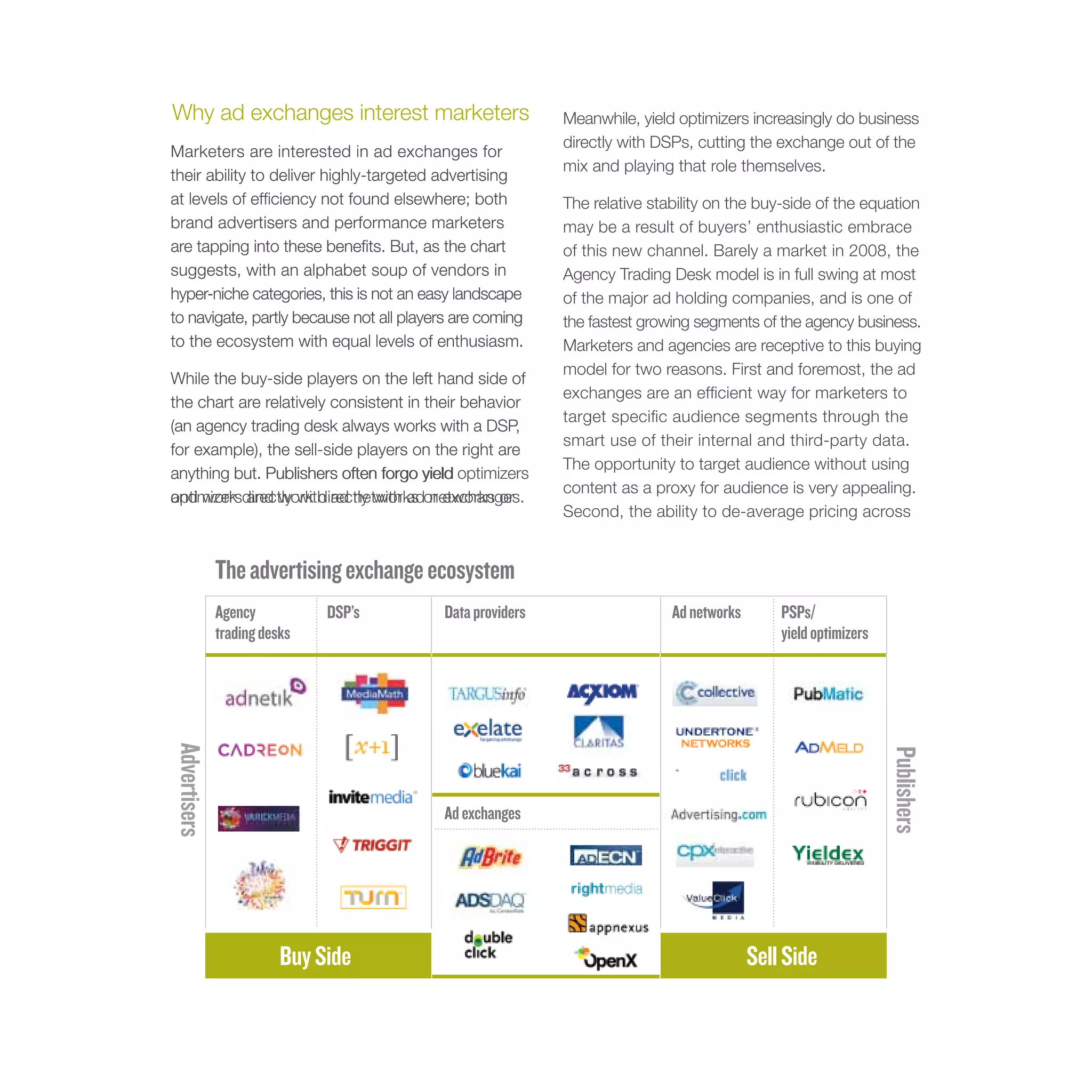 Why ad exchanges interest marketers                       Meanwhile, yield optimizers increasingly do business
                                                          directly with DSPs, cutting the exchange out of the
Marketers are interested in ad exchanges for
                                                          mix and playing that role themselves.
their ability to deliver highly-targeted advertising
at levels of efficiency not found elsewhere; both         The relative stability on the buy-side of the equation
brand advertisers and performance marketers               may be a result of buyers’ enthusiastic embrace
are tapping into these benefits. But, as the chart        of this new channel. Barely a market in 2008, the
suggests, with an alphabet soup of vendors in             Agency Trading Desk model is in full swing at most
hyper-niche categories, this is not an easy landscape     of the major ad holding companies, and is one of
to navigate, partly because not all players are coming    the fastest growing segments of the agency business.
to the ecosystem with equal levels of enthusiasm.         Marketers and agencies are receptive to this buying
                                                          model for two reasons. First and foremost, the ad
While the buy-side players on the left hand side of
                                                          exchanges are an efficient way for marketers to
the chart are relatively consistent in their behavior
                                                          target specific audience segments through the
(an agency trading desk always works with a DSP,
                                                          smart use of their internal and third-party data.
for example), the sell-side players on the right are
                                                          The opportunity to target audience without using
anything but. Publishers often forgo yield optimizers
                                                          content as a proxy for audience is very appealing.
and work directly with ad networks or exchanges.
optimizers and work directly with ad networks or
                                                          Second, the ability to de-average pricing across


              The advertising exchange ecosystem
              Agency          DSP’s      Data providers                   Ad networks       PSPs/
              trading desks                                                                 yield optimizers
Advertisers




                                                                                                               Publishers
                                         Ad exchanges




                         Buy Side                                                       Sell Side
 