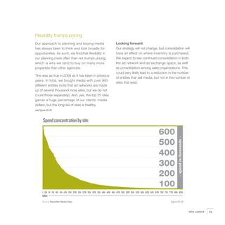 Flexibility trumps pricing
Our approach to planning and buying media                          Looking forward:
has always been to think and look broadly for                      Our strategy will not change, but consolidation will
opportunities. As such, we find that flexibility in                have an effect on where inventory is purchased.
our planning more often than not trumps pricing,                   We expect to see continued consolidation in both
which is why we tend to buy on many more                           the ad network and ad exchange space, as well
properties than other agencies.                                    as consolidation among sales organizations. This
                                                                   could very likely lead to a reduction in the number
This was as true in 2009 as it has been in previous
                                                                   of entities that sell media, but not in the number of
years. In total, we bought media with over 900
                                                                   sites that exist.
different entities (note that ad networks are made
up of several thousand more sites, but we do not
count those separately). And, yes, the top 25 sites
garner a huge percentage of our clients’ media
dollars, but the long-tail of sites is healthy.
see figure 02.09



       Spend concentration by site

                                                                                                       600




                                                                                                                          •
                                                                                                       500



                                                                                                                       spend in thousands
                                                                                                       400
                                                                                                       300
                                                                                                       200
                                                                                                                          •
                                                                                                       100
      1 26 51 76 101 151 176 201 226 251 276 301 326 351 401 426 451 476 501 526 551 576 601 626 651 676 701 751 776 801 826
      sites
      Source Razorfish Media Data                                                                                figure 02.09



                                                                                                                                            NEW LENSES   19
 