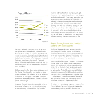 improve its brand health by finding ways to get
        Toyota SIM score
                                                             consumers talking positively about the brand again
40.00                                                        and building trust with those brand advocates first
35.00                                                        and foremost. Discounting cars and running ad-
30.00
                                                             vertising campaigns touting their safety message
                                                             will not be enough. They will need to focus on
25.00                                               Ford
                                                             learning how they can build trust and figure out
20.00                                               GM       what it takes to inspire their advocates once again.
15.00                                               Honda    In a sense, it is like a marriage that’s spiraling
10.00                                               Nissan   downward and needs counseling. We’ll be watch-
                                                    Toyota   ing the SIM Score to see whether they are able to
 5.00
                                                             save the marriage with their advocates or not.
 0.00
           NOV          DEC           JAN
                                             figure 06.01

                                                             Pepsi: Strategic choice or blunder?
                                                             Let the SIM score decide
certain; if we were in Toyota’s shoes at the time,           The Cola Wars are probably among the most
we’d have discounted the cars just as the crisis             fascinating and historic rivalries in consumer
broke (without waiting to see sales drop first) and          marketing. The choices made by Coke and Pepsi
would have actively started explaining the situation         in the last few months epitomize how daring their
to the brand advocates of Toyota across the social           brand marketers feel they need to be.
Web and especially on the brand’s Facebook
                                                             Pepsi, as mentioned earlier, chose not to advertise
page. Those brand advocates needed the right in-
                                                             on the Super Bowl, which would have given it
formation quickly as they were becoming Toyota’s
                                                             instant, and momentary, visibility with 100 million-
new sales force.
                                                             plus U.S. TV viewers. Coke, for its part, chose
Unfortunately, the SIM Score uptick was short-term           to sponsor the Winter Olympics and had its logo
for Toyota. After those first two weeks, its score           plastered everywhere from billboards to advertise-
started dropping, precipitously partly because the           ments and t-shirts, potentially reaching even more
advocates felt betrayed by the brand too — not               U.S. TV viewers (the estimate over the course of
to mention the fact that the full extent of the crisis       the Vancouver Games was 190 million). Which
slowly came to light.                                        approach resulted in a higher SIM Score?

Arguably, Toyota’s fate will be decided by whether           The chart on the next page captures the story. The
it can stop its SIM Score from dropping the way              Pepsi “Refresh Everything” movement helped its
it has been lately. In other words, Toyota needs             SIM Score significantly around the time of the


                                                                                               THE NEW BRAND HEALTH METRIC   49
 