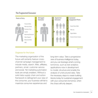 The Fragmented Consumer

Points of Entry                         1                 Defragged         2                  Segmented          3                            Sustained
                                                          Consumer                             Consumer                                        Engagement Points




                                                                                                           Cross-Channel Campaign Management
              Financial Data
                                                                                                                                                Email/ Direct Mail




                                                                       Business Intelligence
              Warranty Cards




                                   Integration Platform
              Customer Care                                                                                                                     Web site
              Loyalty
                                                                                                                                                Digital Media
              Marketing Research
              Sales Support                                                                                                                     Contact Center Scripts
              Behavorial Data
              UGC


                                                                                                                                                                figure 14.01



Organize for the future
The marketing organization of the                                     long-term value. Take a progressive
future will certainly feature cross-                                  view of business intelligence today,
channel campaign management to                                        and you can leverage what’s coming
include media, search, Web, affiliates,                               tomorrow, such as text analytics
partners, email, customer service                                     applications now in development
and social. Yet marketing automation                                  to model, structure and enable the
tools are simply enablers. Without a                                  analysis of unstructured data. Take
solid data supply chain and action                                    the necessary steps to create building
framework to defragment your view of                                  blocks today for sustained engagement
the consumer, your business will fail to                              with your consumers tomorrow, when
maximize consumer experiences and                                     the chaos will only deepen.



                                                                                                                                                      THE FRAGMENTED CONSUMER   91
 
