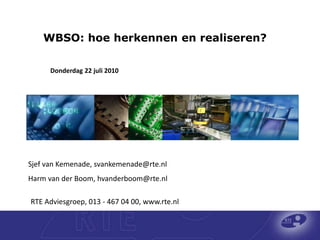 1
WBSO: hoe herkennen en realiseren?
Donderdag 22 juli 2010
Sjef van Kemenade, svankemenade@rte.nl
Harm van der Boom, hvanderboom@rte.nl
RTE Adviesgroep, 013 - 467 04 00, www.rte.nl
 