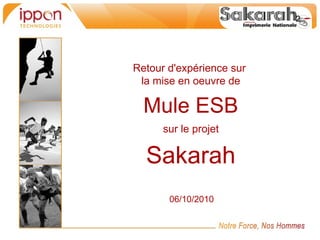 Retour d'expérience sur
 la mise en oeuvre de

  Mule ESB
      sur le projet

  Sakarah
       06/10/2010
 
