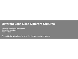 Different Jobs Need Different Cultures European Academy of Management Rome, May 20th, 2010  Tobias Scholz Track 22: Leveraging the positive in multicultural teams 