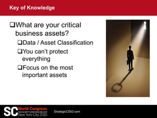 What are your critical
business assets?
Data / Asset Classification
You can’t protect
everything
Focus on the most
important assets
Key of Knowledge
StrategicCISO.com
 