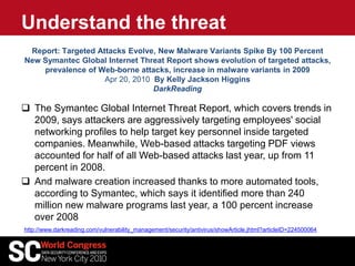  The Symantec Global Internet Threat Report, which covers trends in
2009, says attackers are aggressively targeting employees' social
networking profiles to help target key personnel inside targeted
companies. Meanwhile, Web-based attacks targeting PDF views
accounted for half of all Web-based attacks last year, up from 11
percent in 2008.
 And malware creation increased thanks to more automated tools,
according to Symantec, which says it identified more than 240
million new malware programs last year, a 100 percent increase
over 2008
Understand the threat
Report: Targeted Attacks Evolve, New Malware Variants Spike By 100 Percent
New Symantec Global Internet Threat Report shows evolution of targeted attacks,
prevalence of Web-borne attacks, increase in malware variants in 2009
Apr 20, 2010 By Kelly Jackson Higgins
DarkReading
http://www.darkreading.com/vulnerability_management/security/antivirus/showArticle.jhtml?articleID=224500064
 