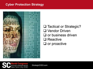 Cyber Protection Strategy
StrategicCISO.com
 Tactical or Strategic?
 Vendor Driven
 or business driven
 Reactive
 or proactive
 