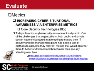 Metrics
 INCREASING CYBER-SITUATIONAL
AWARENESS VIA ENTERPRISE METRICS
 Core Security Technologies Blog
 Today’s ferocious cybersecurity environment is dynamic. One
of the challenges that organizations, both public and private
sector, have encountered in attempting to mature their IT
security and risk management plans has been a lack of
methods to calculate truly relevant metrics that would allow for
them to better understand and benchmark their security
standing over time.
http://blog.coresecurity.com/2010/04/29/increasing-
cyber-situational-awareness-via-enterprise-level-metrics/
Evaluate
StrategicCISO.com
 