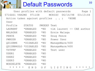 10
            Default Passwords
      User profiles with default passwords         Page 1
5716SS1 V4R2M0 971108        MCRISC 06/14/98 03:13:44
 Action taken against profiles . . :     *NONE
 User
 Profile     STATUS    PWDEXP Text
 LAURENT     *ENABLED   *NO   tim laurent -- CAE author
 MALAGAX     *ENABLED   *NO   Ernie Malaga
 PENCE       *ENABLED   *NO   Doug Pence
 PWRUSR      *ENABLED   *NO   Power User
 QD1SRM4     *DISABLED *NO    ManageWare/400
 QD1SRM4DLO *DISABLED *NO     ManageWare/400
 TSTPRF      *ENABLED   *NO   Test user
 USER1       *ENABLED   *NO
 USER2       *ENABLED   *NO
 USER3       *ENABLED   *NO
 WOEDELETE *ENABLED     *NO
   * * * * *    E N D   O F   L I S T I N G    * * * * *
 