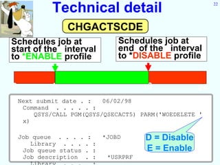Technical detail                             22




                 CHGACTSCDE
Schedules job at                Schedules job at
start of the interval           end of the interval
to *ENABLE profile              to *DISABLE profile


0            5                         18            24
    Next submit date . :   06/02/98
     Command . . . . . :
        QSYS/CALL PGM(QSYS/QSECACT5) PARM('WOEDELETE '
     x)

    Job queue . . . . :     *JOBD      D = Disable
       Library . . . . :
     Job queue status . :              E = Enable
     Job description . :     *USRPRF
 
