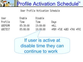 24
Profile Activation Schedule




   If user is active at
 disable time they can
   continue to work
 