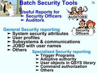 Batch Security Tools                 36

        Useful Reports for
        ➤ Security Officers    AUDITORS
        ➤ Auditors

General Security reporting       Security
 ➤ System security attributes    Officers
 ➤ User profiles
 ➤ Subsystems & communications
 ➤ JOBD with user names
 ➤ Others Specialized Security reporting
               ➤ Trigger Programs
               ➤ Adoptive authority
               ➤ User objects in QSYS library
               ➤ Command authorization
               ➤ Others
 