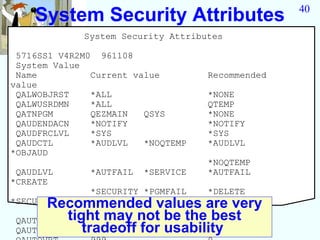 40
    System Security Attributes
             System Security Attributes

 5716SS1 V4R2M0 961108
 System Value
 Name          Current value         Recommended
value
 QALWOBJRST    *ALL                  *NONE
 QALWUSRDMN    *ALL                  QTEMP
 QATNPGM       QEZMAIN   QSYS        *NONE
 QAUDENDACN    *NOTIFY               *NOTIFY
 QAUDFRCLVL    *SYS                  *SYS
 QAUDCTL       *AUDLVL   *NOQTEMP    *AUDLVL
*OBJAUD
                                     *NOQTEMP
 QAUDLVL       *AUTFAIL   *SERVICE   *AUTFAIL
*CREATE
               *SECURITY *PGMFAIL    *DELETE
       Recommended values are very
*SECURITY

 QAUTOCFG tight may not be the *SAVRST
               1                0best
 QAUTORMT    tradeoff for usability
               0                0
 