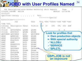 54
      JOBD with User Profiles Named
   Job Descriptions with Excess Authority (Full Report)      Page     1
5716SS1 V3R7M0 961108                               MCRISC 12/14/96
03:15:57
Specified library . . . . . . :    *ALL
                                      ----------Special
Authorities------------
               Job           User     *ALL *AUD *IOSYS *JOB *SAV *SEC
*SER *SPL
Library Description Owner    Profile OBJ IT       CFG   CTL SYS ADM
VICE CTL
C51LIB    AUTOSTART2 QPGMR   QPGMR                       X    X
C51LIB    AUTOTEST   QPGMR   QPGMR                       X    X
QAUTOMON QAUTOMON    QSYS    QAUTOMON        Look for profiles that
                                                         X    X
QBRM      QBRMSYNC   QBRMS   QPGMR            ➤ Own production objects
                                                         X    X
QBRM      Q1ACNETJD  QBRMS   QBRMS
QBRM      Q1ASTRJD   QBRMS   QBRMS            ➤ With special authority
QDMT      QDMT       QSYS    QPGMR             - *ALLOBJ X
                                                         X
QDMT      QDNNOTIFY  QSYS    QPGMR                       X    X
QDMT      SERVER     QSYS    QPGMR             - *SERVICE X
                                                         X
QGPL      QAUTOMON   QSYS    QAUTOMON          - *SPLCTL X
                                                         X
QGPL      QPFRCOL    QPGMR   QPGMR                       X    X
QGPL      QSPLAFPW   QSPL    QSPLJOB
QGPL      QSPLDBR    QSPL    QSPLJOB
QGPL      QSPLDKTR   QSPL    QSPLJOB     QSPLJOB is not
QGPL      QSPLDKTW   QSPL    QSPLJOB      an exposure
 