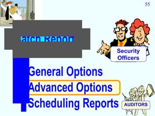 55




Batch Reports
                   Security
                   Officers

  General Options
  Advanced Options
  Scheduling Reports   AUDITORS
 