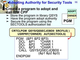 Adopting Authority for Security Tools      98

2. Create a program to adopt and
                                         ADOPT
  call IBM CPP
  ➤ Store the program in library QSYS    OWNER
  ➤ Have the program adopt authority
  ➤ Secure the program using the        PGM
    SECTOOLS authorization list

     CRTCLPGM QSYS/Q$SECJOBD0 SRCFILE( )
        USRPRF(*OWNER) AUT(SECTOOLS)
        PGM (&P1 &P2 &P3)
         DCL &P1    *CHAR 1
         DCL &P2    *CHAR 1
         DCL &P3    *CHAR 1
         CALL QSYS/QSECJOBD0 +
                   (&p1 &p2 &p3)
        ENDPGM
 