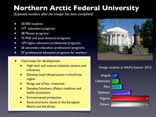 Northern Arctic Federal University
(Expected numbers after the merger has been completed)

•    30 000 students
•    177 education programs
•    28 Master programs
•    75 PhD and post-doctoral programs
•    129 higher education professional programs
•    26 secondary education professional programs
•    57 professional education programs for workers

•    Core areas for development:
    •   High tech, and science intensive sectors and
                                                           Foreign students at NArFU, Autumn 2010
        industries
    •   Develop local infrastructure in the Arctic          Angola     3
        region
                                                         Uzbekistan        4
    •   Range use of bio- resources
                                                               Peru            6
    •   Develop Northern (Polar) medicine and
        health protection                                 Tajikistan               11

    •   Environmental protection                            Nigeria                          21
    •   Socio-economic issues in the European
                                                           Others                            21
        North and the Arctic
 