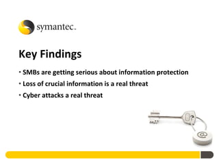 Key Findings
• SMBs are getting serious about information protection
• Loss of crucial information is a real threat
• Cyber attacks a real threat
 