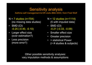Sensitivity analysis
Asthma self management & ER visits BMJ 2003, from Fred Wolf
Sensitivity analysis
Asthma self management & ER visits BMJ 2003, from Fred Wolf
N = 7 studies (n=704)
(no missing data studies)
• SMD (CI)
-0.25 (-0.40, -0.10)
• Larger effect size
(over estimation?)
• Less precision
(more error?)
N = 12 studies (n=1114)
(5 with imputed data)
• SMD (CI)
-0.21 (-0.33, -0.09)
• Smaller effect size
• Greater precision
• > statistical Power
(> # studies & subjects)
Other possible sensitivity analyses:
vary imputation methods & assumptions
 