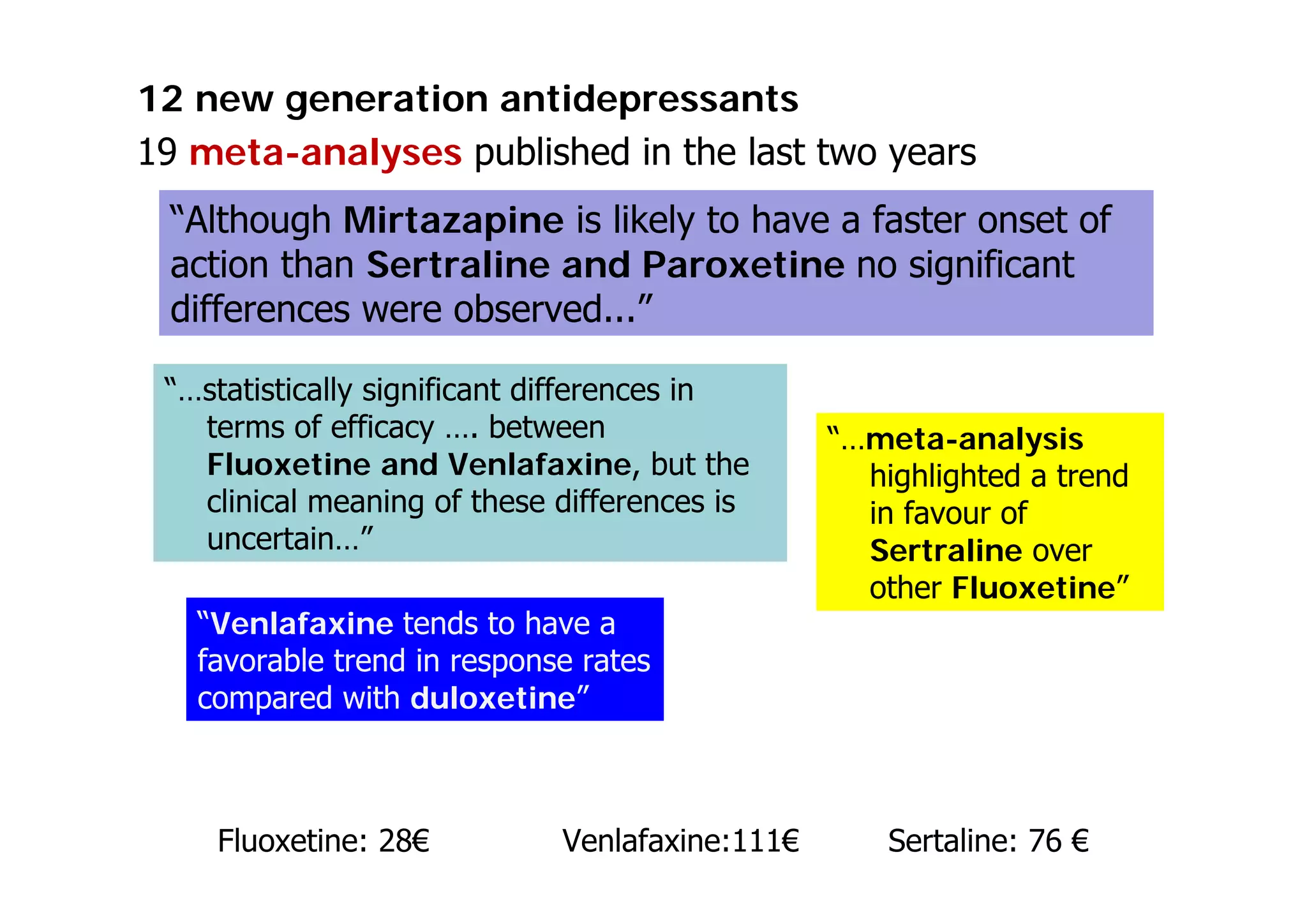 Fluoxetine: 28€ Venlafaxine:111€ Sertaline: 76 €
“Although Mirtazapine is likely to have a faster onset of
action than Sertraline and Paroxetine no significant
differences were observed...”
“Venlafaxine tends to have a
favorable trend in response rates
compared with duloxetine”
“…statistically significant differences in
terms of efficacy …. between
Fluoxetine and Venlafaxine, but the
clinical meaning of these differences is
uncertain…”
“…meta-analysis
highlighted a trend
in favour of
Sertraline over
other Fluoxetine”
12 new generation antidepressants
19 meta-analyses published in the last two years
 