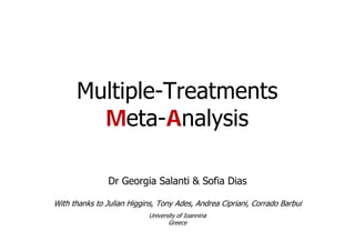 Multiple-Treatments
Meta-Analysis
Dr Georgia Salanti & Sofia Dias
With thanks to Julian Higgins, Tony Ades, Andrea Ciprian...