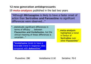 Fluoxetine: 28€ Venlafaxine:111€ Sertaline: 76 €
“Although Mirtazapine is likely to have a faster onset of
action than Ser...