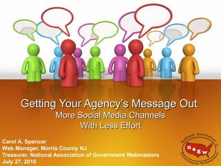 Getting Your Agency’s Message Out
More Social Media Channels
With Less Effort
Carol A. Spencer
Web Manager, Morris County NJ
Treasurer, National Association of Government Webmasters
July 27, 2010

 