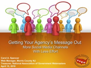 Getting Your Agency’s Message Out
More Social Media Channels
With Less Effort
Carol A. Spencer
Web Manager, Morris County NJ
Treasurer, National Association of Government Webmasters
April 15, 2010

 