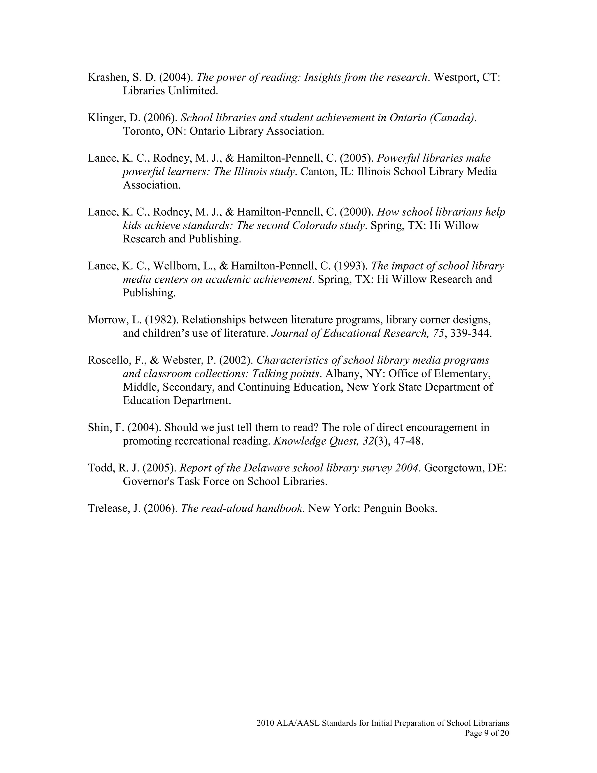 2010 ALA/AASL Standards for Initial Preparation of School Librarians
Page 9 of 20
Krashen, S. D. (2004). The power of reading: Insights from the research. Westport, CT:
Libraries Unlimited.
Klinger, D. (2006). School libraries and student achievement in Ontario (Canada).
Toronto, ON: Ontario Library Association.
Lance, K. C., Rodney, M. J., & Hamilton-Pennell, C. (2005). Powerful libraries make
powerful learners: The Illinois study. Canton, IL: Illinois School Library Media
Association.
Lance, K. C., Rodney, M. J., & Hamilton-Pennell, C. (2000). How school librarians help
kids achieve standards: The second Colorado study. Spring, TX: Hi Willow
Research and Publishing.
Lance, K. C., Wellborn, L., & Hamilton-Pennell, C. (1993). The impact of school library
media centers on academic achievement. Spring, TX: Hi Willow Research and
Publishing.
Morrow, L. (1982). Relationships between literature programs, library corner designs,
and children’s use of literature. Journal of Educational Research, 75, 339-344.
Roscello, F., & Webster, P. (2002). Characteristics of school library media programs
and classroom collections: Talking points. Albany, NY: Office of Elementary,
Middle, Secondary, and Continuing Education, New York State Department of
Education Department.
Shin, F. (2004). Should we just tell them to read? The role of direct encouragement in
promoting recreational reading. Knowledge Quest, 32(3), 47-48.
Todd, R. J. (2005). Report of the Delaware school library survey 2004. Georgetown, DE:
Governor's Task Force on School Libraries.
Trelease, J. (2006). The read-aloud handbook. New York: Penguin Books.
 