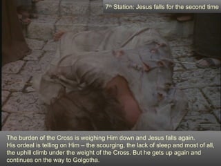 7th Station: Jesus falls for the second time




The burden of the Cross is weighing Him down and Jesus falls again.
His ordeal is telling on Him – the scourging, the lack of sleep and most of all,
the uphill climb under the weight of the Cross. But he gets up again and
continues on the way to Golgotha.
 