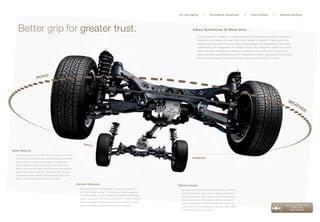 All-road Agility      |      All-weather Conditions      |     Active Safety      |     Spirited Handling




    Better grip for greater trust.                                                                                                                Subaru Symmetrical All-Wheel Drive

                                                                                                                                                      In any season or condition, conﬁdence behind the wheel comes from one place—
                                                                                                                                                      where your tire meets the road. Wet or dry. Rough or smooth. A sure grip of the
                                                                                                                                                      road can give you the control to step around danger. The assurance to add more
                                                                                                                                                      destinations. The engagement to delight in every strip of asphalt. Subaru has spent
                                                                                                                                                      nearly 40 years developing a system for traction and control that employs an
                                                                                                                                                      almost perfectly symmetrical layout to maximize the power that goes to the wheels,
                                                                                                                                                      and to create balance and stability that keep you conﬁdently in control.




Better Balance
  Every Subaru is built for AWD from the ground up. Each
  one features a longitudinally mounted engine that feeds
  power to the all-wheel drive system in a straight line.
  Which results in a balanced drivetrain with almost total
  side-to-side symmetry that is free of the extra components
  some other systems need to route power. This symmetry
  and balance means stability that help make driving your
  Subaru safer and agility that makes it more fun.

                                                               Quicker Response                                                       Efficient Design
                                                                 There are only four small patches of rubber that keep you
                                                                                                                                        Because some systems lack the simplicity of Subaru
                                                                 in control of your vehicle. The more your tires are engaged,
                                                                                                                                        Symmetrical AWD, they not only sacriﬁce efﬁciency,
                                                                 the more control you have. Subaru Symmetrical AWD keeps
                                                                                                                                        but also can incur more wear and tear. Subaru routes
                                                                 power routed to all four tires all the time, so it doesn’t have to
                                                                                                                                        power directly from the engine to all four wheels to
                                                                 react to slippage that has already occurred. Rather, it keeps
                                                                                                                                        keep components—and frictional power losses—to
                                                                 your tires as fully engaged with the road as possible.                                                                                                            Learn more about the beneﬁts
                                                                                                                                        a minimum. All while maximizing the seamless feeling                                             of Subaru AWD.
                                                                                                                                        of traction whenever you need it.                                                               subaru.com/awd
 