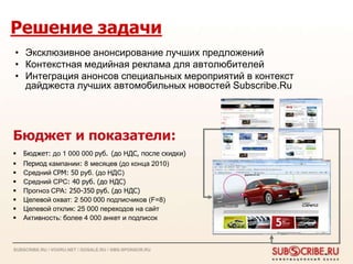 Решение задачи
• Эксклюзивное анонсирование лучших предложений
• Контекстная медийная реклама для автолюбителей
• Интеграция анонсов специальных мероприятий в контекст
  дайджеста лучших автомобильных новостей Subscribe.Ru




Бюджет и показатели:
   Бюджет: до 1 000 000 руб. (до НДС, после скидки)
   Период кампании: 8 месяцев (до конца 2010)
   Средний CPM: 50 руб. (до НДС)
   Средний CPC: 40 руб. (до НДС)
   Прогноз CPA: 250-350 руб. (до НДС)
   Целевой охват: 2 500 000 подписчиков (F=8)
   Целевой отклик: 25 000 переходов на сайт
   Активность: более 4 000 анкет и подписок



SUBSCRIBE.RU / VOXRU.NET / GOSALE.RU / SMS-SPONSOR.RU
 