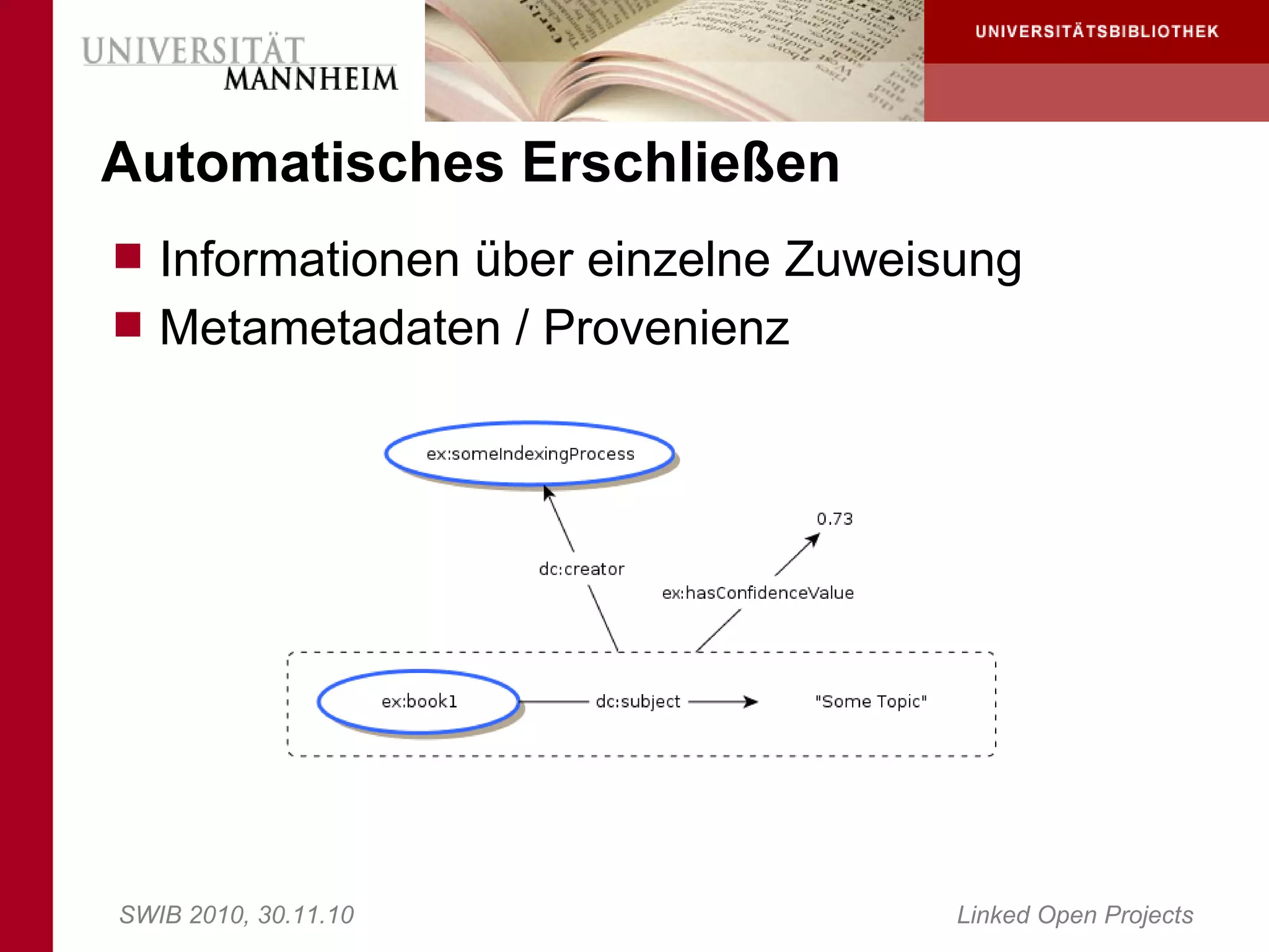 Automatisches Erschließen
 Informationen über einzelne Zuweisung
 Metametadaten / Provenienz




SWIB 2010, 30.11.10                 Linked Open Projects
 