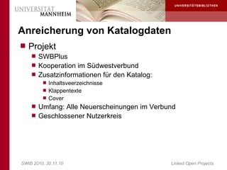 Anreicherung von Katalogdaten
 Projekt
     SWBPlus
     Kooperation im Südwestverbund
     Zusatzinformationen für den Katalog:
        Inhaltsveerzeichnisse
        Klappentexte
        Cover
     Umfang: Alle Neuerscheinungen im Verbund
     Geschlossener Nutzerkreis




SWIB 2010, 30.11.10                         Linked Open Projects
 