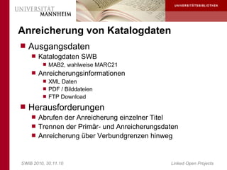 Anreicherung von Katalogdaten
 Ausgangsdaten
     Katalogdaten SWB
        MAB2, wahlweise MARC21
     Anreicherungsinformationen
        XML Daten
        PDF / Bilddateien
        FTP Download

 Herausforderungen
     Abrufen der Anreicherung einzelner Titel
     Trennen der Primär- und Anreicherungsdaten
     Anreicherung über Verbundgrenzen hinweg



SWIB 2010, 30.11.10                          Linked Open Projects
 