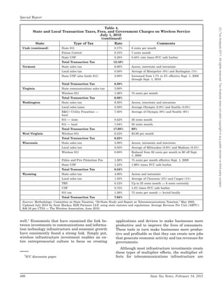 Special Report

                                                 Table 4.




                                                                                                                                (C) Tax Analysts 2011. All rights reserved. Tax Analysts does not claim copyright in any public domain or third party content.
          State and Local Transaction Taxes, Fees, and Government Charges on Wireless Service
                                              July 1, 2010
                                               (continued)
            State                       Type of Tax             Rate                            Comments
 Utah (continued)             State 911                         0.17%       8 cents per month
                              Poison Control                    0.15%       7 cents month
                              State USF                         0.28%       0.45% rate times FCC safe harbor
                              Total Transaction Tax             12.16%
 Vermont                      State sales tax                   6.00%       Access, interstate and intrastate
                              Local sales tax                   0.50%       Average of Montpelier (0%) and Burlington (1%)
                              State USF (also funds 911)        2.00%       Increased from 1.7% to 2% effective Sept. 1, 2009
                                                                            through Sept. 1, 2010
                              Total Transaction Tax             8.50%
 Virginia                     State communications sales tax    5.00%
                              Wireless 911                      1.56%       75 cents per month
                              Total Transaction Tax             6.56%
 Washington                   State sales tax                   6.50%       Access, interstate and intrastate
                              Local sales taxes                 2.50%       Average Olympia (2.0%) and Seattle (3.0%)
                              B&O / Utility Franchise —         7.50%       Average of Olympia (9%) and Seattle (6%)
                              local
                              911 — state                       0.42%       20 cents month
                              911 — local                       1.04%       50 cents month;
                              Total Transaction Tax             17.95%      95%
 West Virginia                Wireless 911                      6.23%       $3.00 per month
                              Total Transaction Tax             6.23%
 Wisconsin                    State sales tax                   5.00%       Access, intrastate and interstate
                              Local sales tax                   0.55%       Average of Milwaukee (0.6%) and Madison (0.5%)
                              Wireless 911                      0.00%       Reduced from 92 cents per month to $0 eff Sept.
                                                                            1, 2008
                              Police and Fire Protection Fee    1.56%       75 cents per month effective Sept. 1, 2009
                              State USF                         1.23%       1.96% times FCC safe harbor
                              Total Transaction Tax             8.34%
 Wyoming                      State sales tax                   4.00%       Access and intrastate
                              Local sales tax                   1.50%       Average of Cheyenne (2%) and Casper (1%)
                              TRS                               0.12%       Up to 25 cents month — 6 cents currently
                              USF                               0.75%       1.2% times FCC safe harbor
                              911 tax                           1.56%       75 cents per month — levied locally
                              Total Transaction Tax             7.94%
 Sources: Methodology: Committee on State Taxation, ‘‘50-State Study and Report on Telecommunications Taxation,’’ May 2005.
 Updated July 2010 by Scott Mackey, KSE Partners LLP, using state statutes and regulations. Average Revenue Per Unit (ARPU):
 $48.16 per CTIA — The Wireless Association, June 2010.



well.7 Economists that have examined the link be-                applications and devices to make businesses more
tween investments in communications and informa-                 productive and to improve the lives of consumers.
tion technology infrastructure and economic growth               These tools in turn make businesses more produc-
have consistently found a strong link. Simply put,               tive and profitable so that they can create new jobs
wireless infrastructure investment enables an en-                that generate economic activity and tax revenues for
tire entrepreneurial culture to focus on creating                governments.
                                                                    Although most infrastructure investments create
                                                                 these types of multiplier effects, the multiplier ef-
  7
      ICC discussion paper.                                      fects for telecommunications infrastructure are




486                                                                                      State Tax Notes, February 14, 2011
 