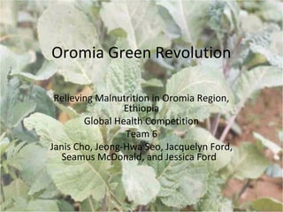 Oromia Green Revolution
Relieving Malnutrition in Oromia Region,
Ethiopia
Global Health Competition
Team 6
Janis Cho, Jeong-Hwa Seo, Jacquelyn Ford,
Seamus McDonald, and Jessica Ford
 