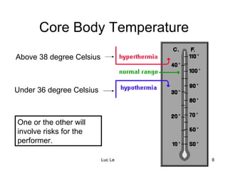 Core Body Temperature Under 36 degree Celsius Above 38 degree Celsius One or the other will involve risks for the performer. 