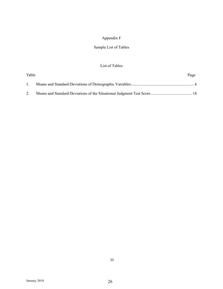 Appendix F

                                                  Sample List of Tables



                                                       List of Tables

Table                                                                                                                   Page

1.      Means and Standard Deviations of Demographic Variables............................................................... 6

2.      Means and Standard Deviations of the Situational Judgment Test Score ......................................... 18




                                                              iii




January 2010                                                 26
 