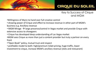 Key to Success of Cirque
                                                             and MGM
•Willingness of Wynn to hand over full creative control
• drawing power of Cirque and effect to increase revenue in other part of MGM’s
business e.g. Ancillary revenue
• MGM Mirage  large presence/control in Vegas market and provide Cirque with
extensive access to showgoers
• Cirque has developed deep understanding of Las Vegas market
•MGM sees Cirque as more than just a content provider but truly a partner on every
front
•“Open Book” policy, mutual trust and respect
• profitable model to both: high/premium ticket pricing, huge traffic, lower
investment to cirque, increase MGM’s ancillary revenue (slots and restuarant)
 